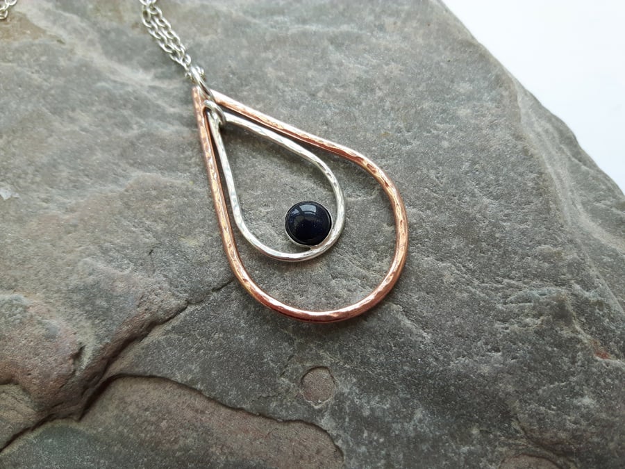 Sterling Silver and Copper Teardrop Pendant with Blue Goldstone