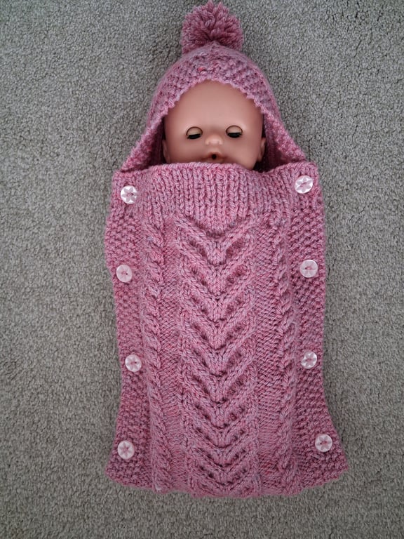 Knitted Pink Doll Sleep Bag Cocoon With Pink Star Buttons (A120)