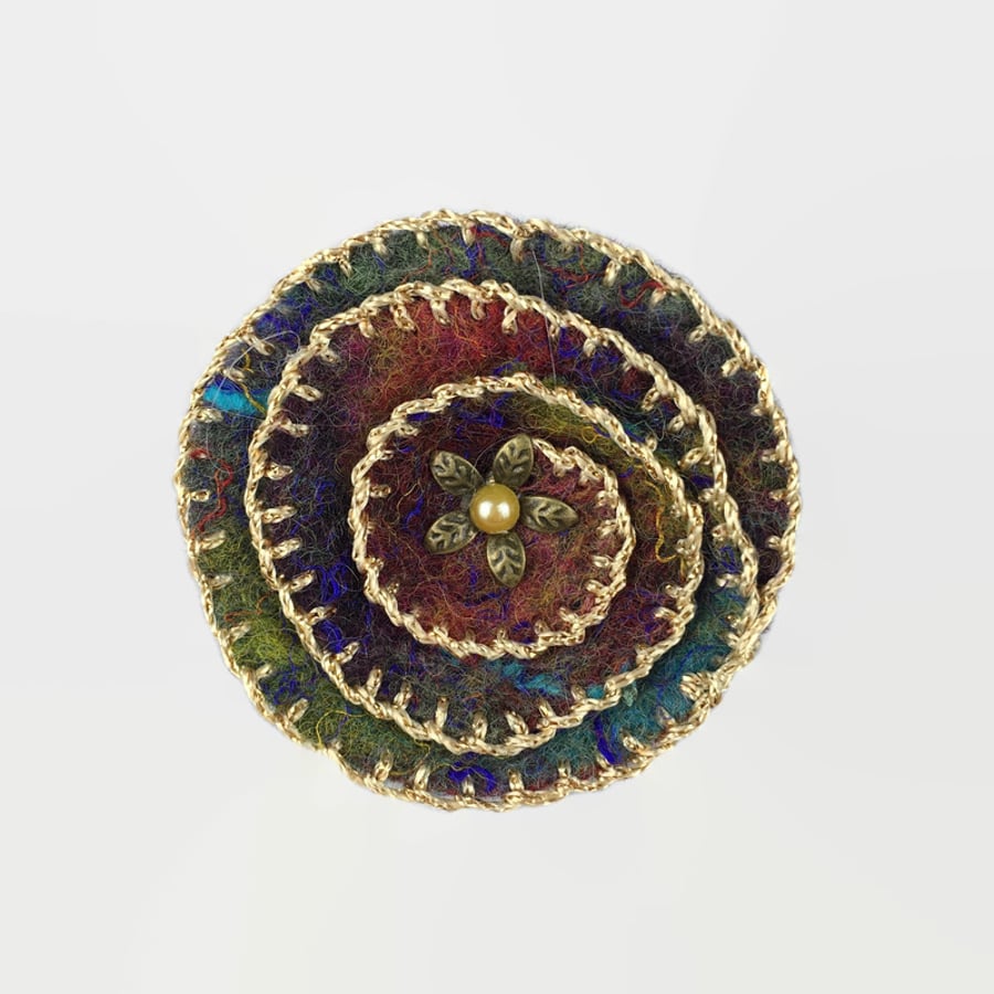 Seconds Sunday - Multicoloured spiral felt flower brooch with gold detail