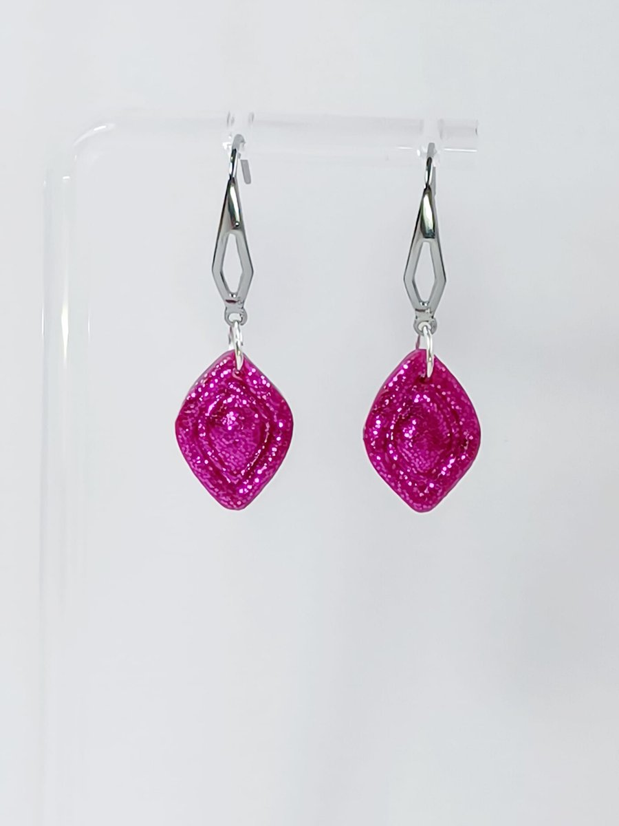 Cerise pink sparkle fancy diamond dangle earrrings        