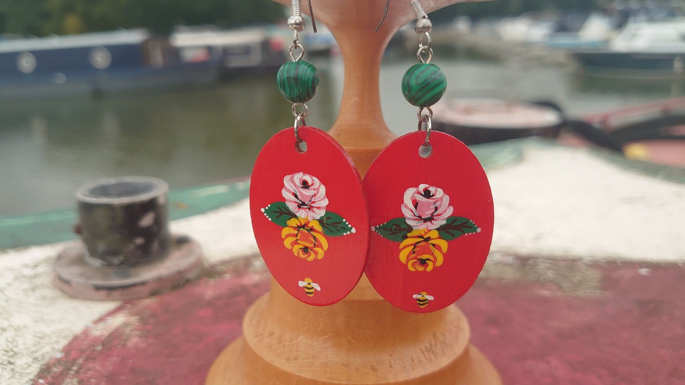 Rose and castle handpainted earrings, red oval