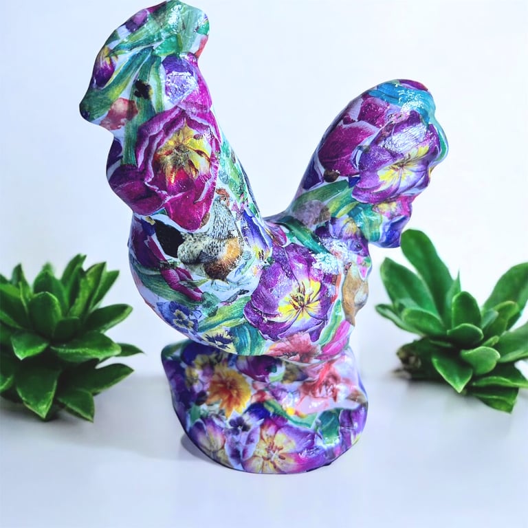 Hen Ceramic Ornament Hand decorated decoupage style