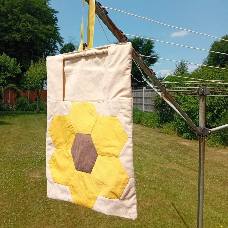 Peg bag with bright patchwork sunflower. Shoulder strap Fully lined
