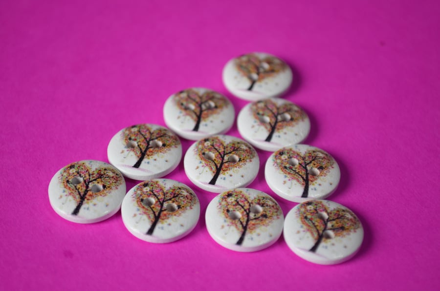 15mm Wooden Heart Tree Blossom Buttons Multicoloured 10pk Leaves (ST16)