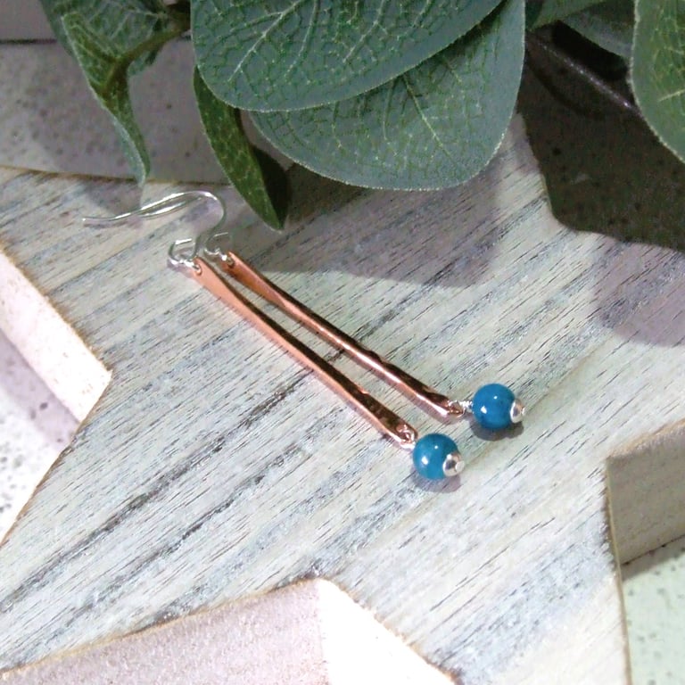 Earrings, Hammered Copper Bar with Teal Apatite and Sterling Silver