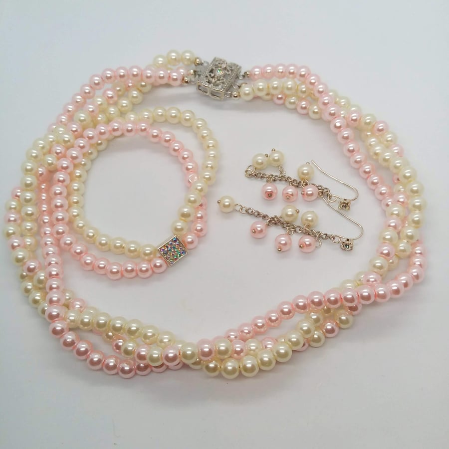 Pink & Cream 3 Strand Pearl Jewellery Set, Ladies Jewellery Set