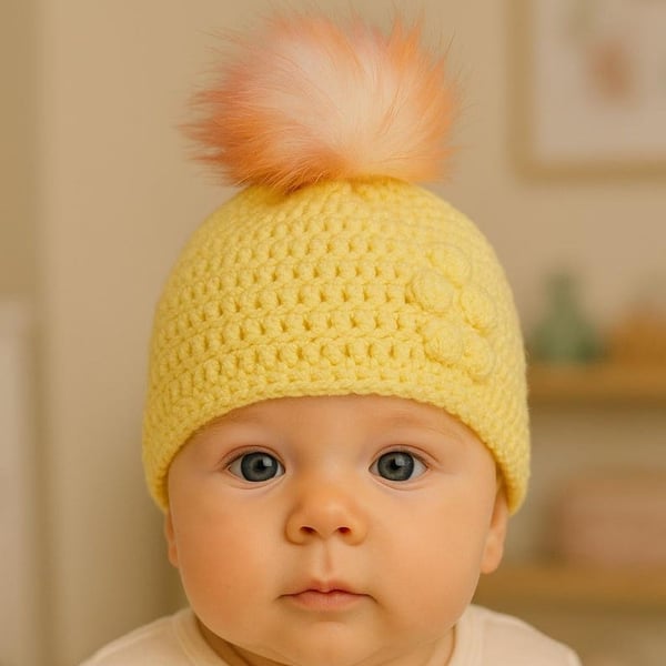 Lemon baby crocheted hat white faux fur pompom with orange purple & pink 