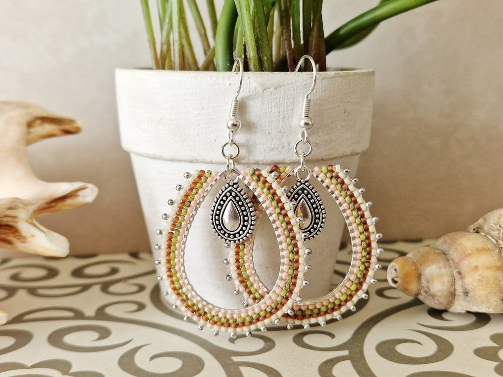 Cream Beaded Boho Teardrop Earrings 