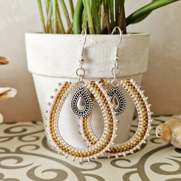 Cream Beaded Boho Teardrop Earrings 