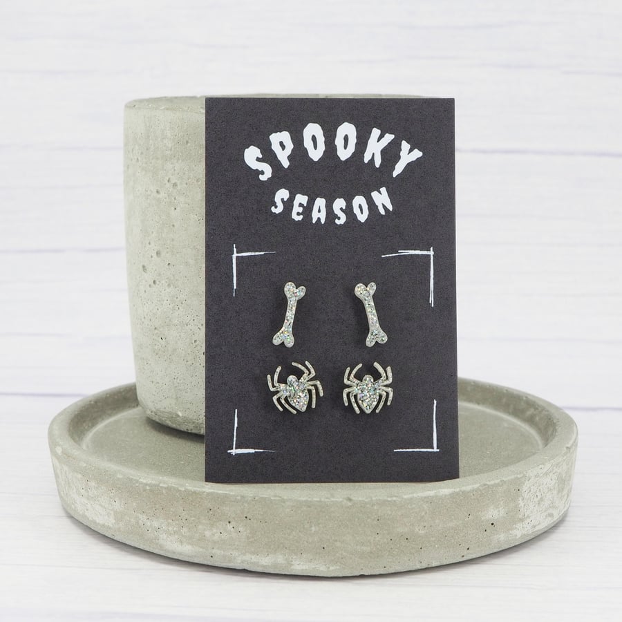 Titanium ear wire bone and spider stud earrings - Holographic glitter 