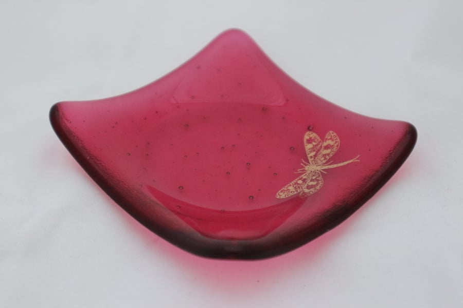 Handmade  fused glass trinket bowl or soap dish - gold butterfly on cerise