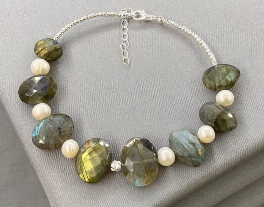 Elegant Labradorite & Cultured Pearl Sterling Silver Bracelet 