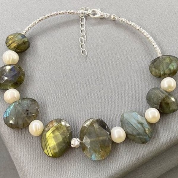 Elegant Labradorite & Cultured Pearl Sterling Silver Bracelet 