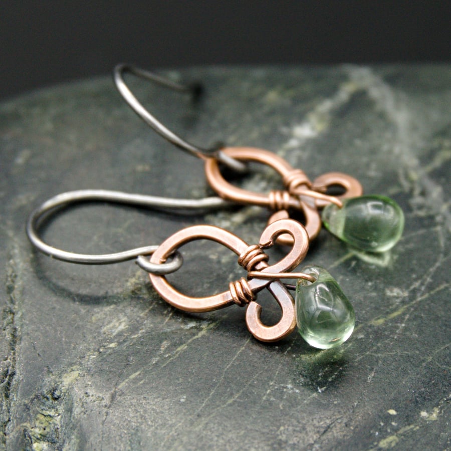 Hammered Copper Wire Earrings with Fern Green Glass Drops