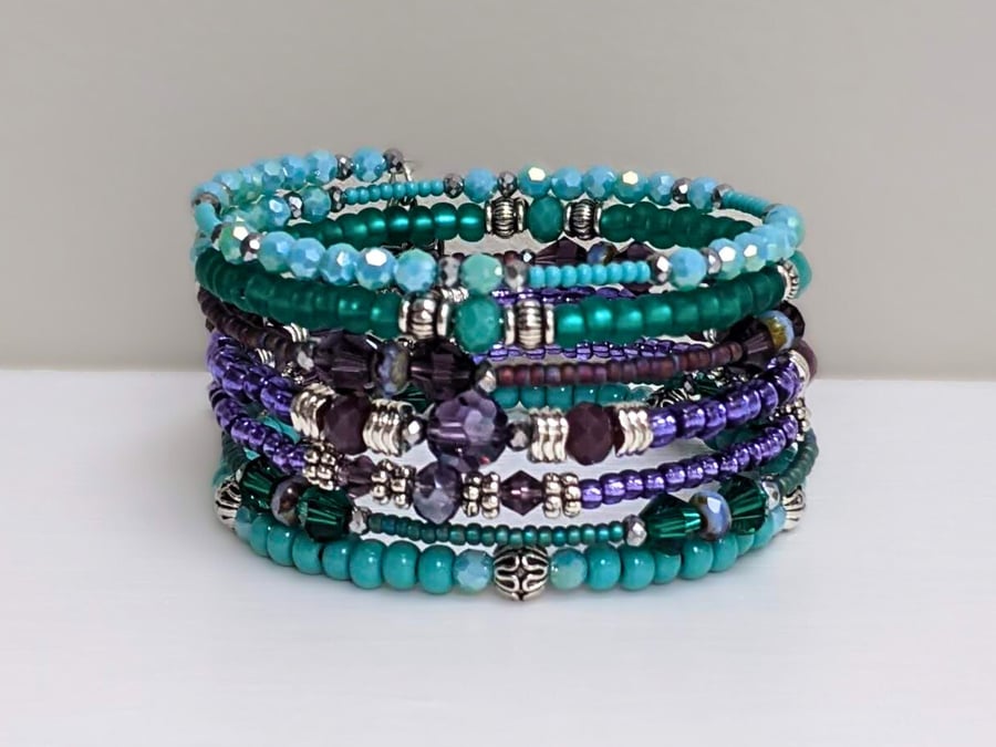 Memory Wire Bracelet. Multi Loop Seed Bead Wrap Bangle in Turquoise and Purple. 