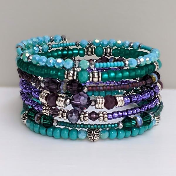 Memory Wire Bracelet. Multi Loop Seed Bead Wrap Bangle in Turquoise and Purple. 