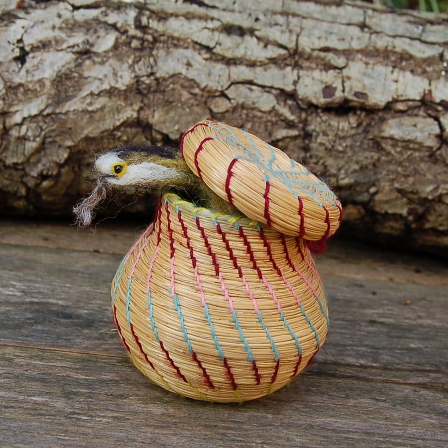 Cobra snake, needlefelt cobra with woven lidded basket