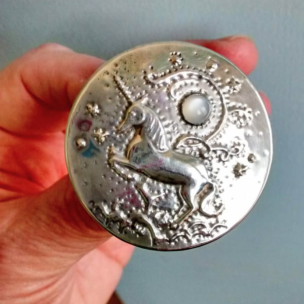 Moonstone Unicorn Brooch Hand Crafted in Silver Pewter
