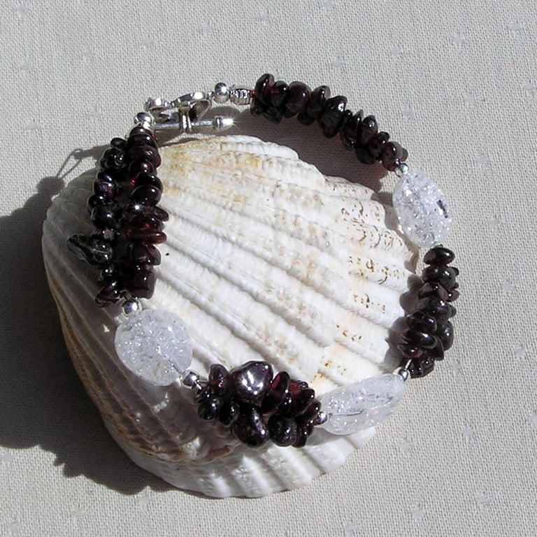 Red Garnet & Crackled Clear Quartz Crystal Gemstone Bracelet "Vervain Dew"