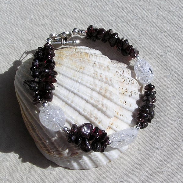Red Garnet & Crackled Clear Quartz Crystal Gemstone Bracelet "Vervain Dew"