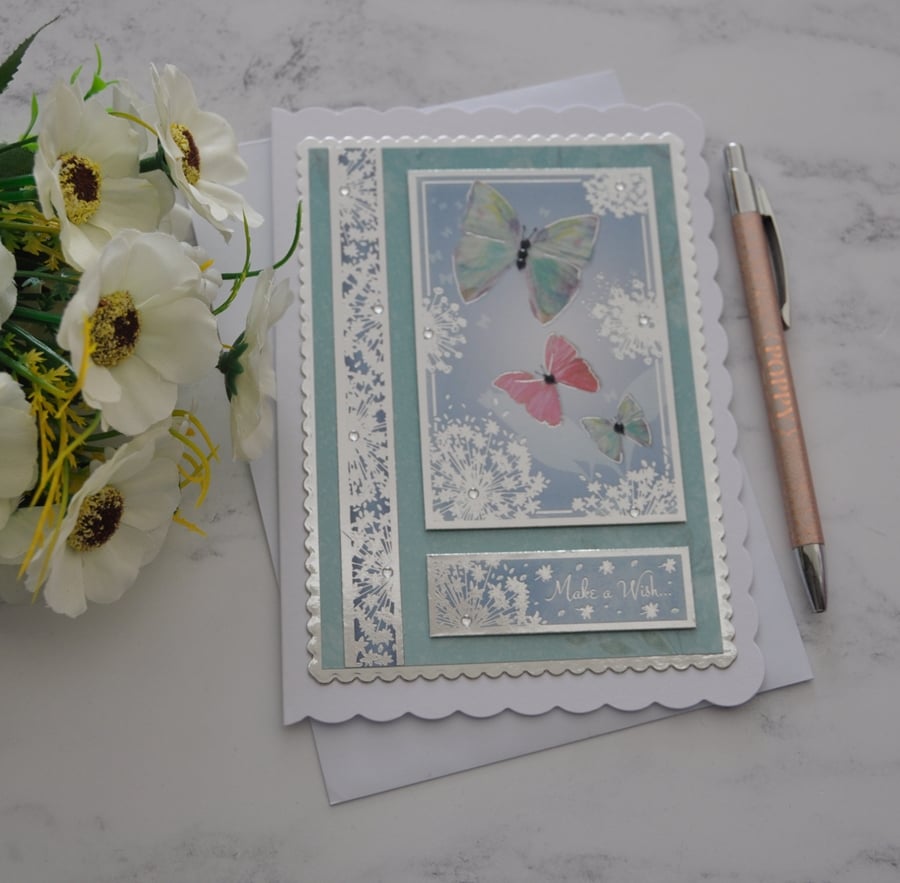 Butterfly Card Make A Wish Birthday Any Occasion Silver 3D Luxury Handmade