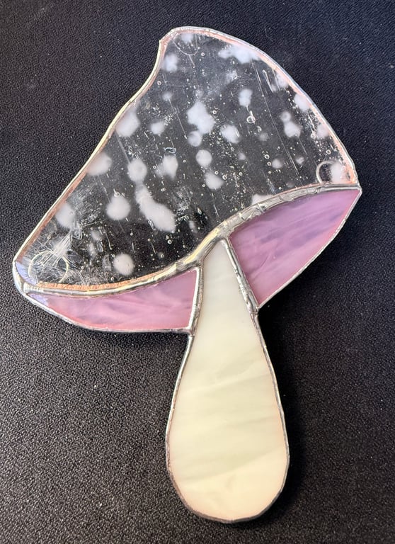 Stained glass mushroom - spotted white cap with wispy pink gills
