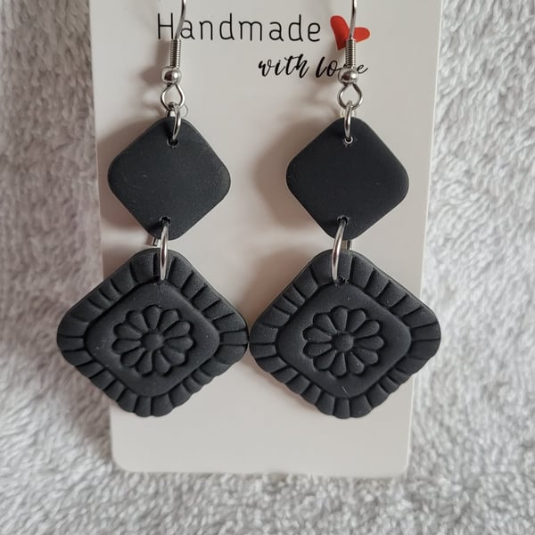 Handmade Polymer Clay Black Double Diamond Flower Earrings, 316 Stainless