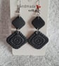 Handmade Polymer Clay Black Double Diamond Flower Earrings, 316 Stainless