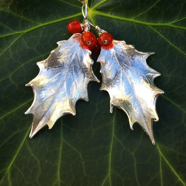 Sterling silver holly leaf earrings