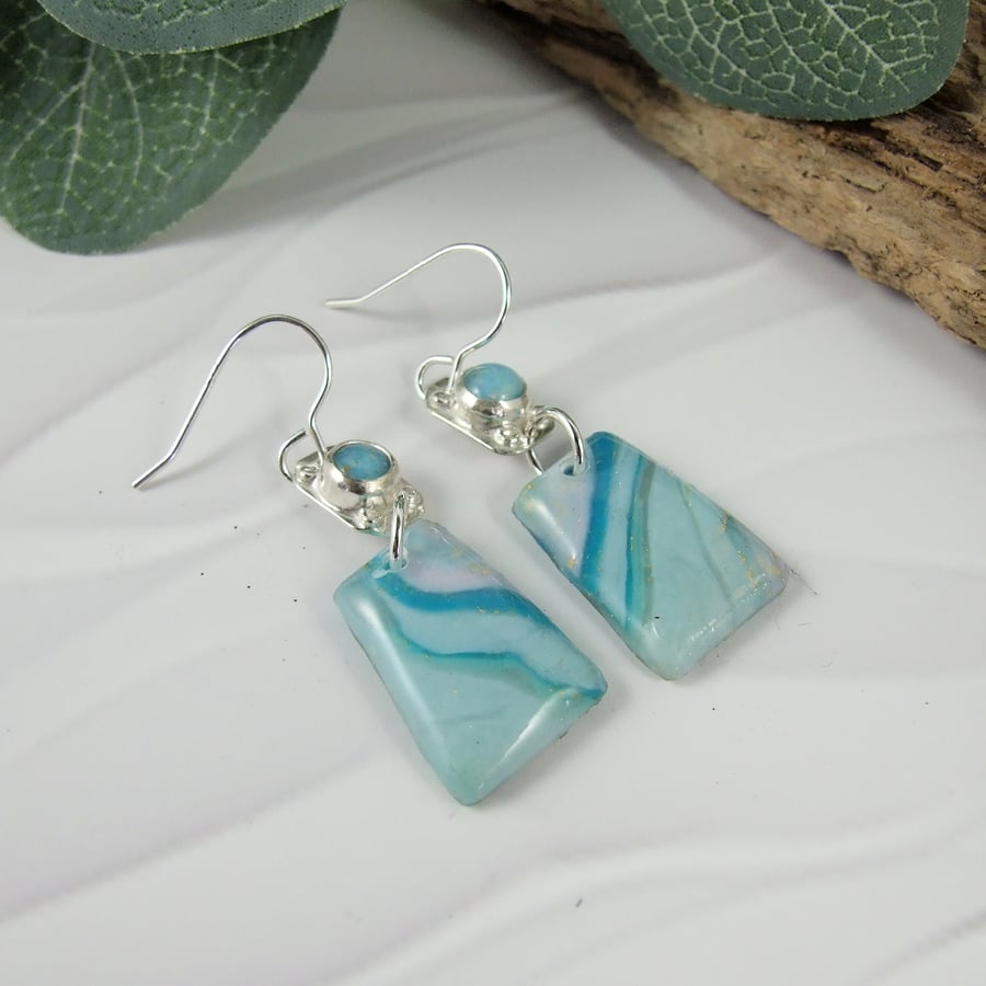 Earrings, Sterling Silver and Marbled Polymer Clay Droppers