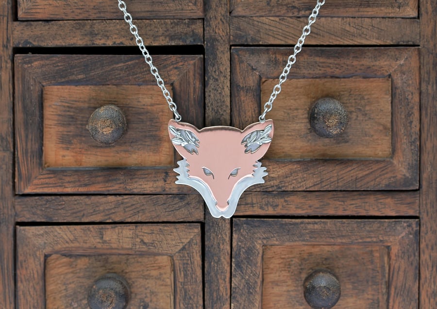 Silver Fox Necklace - Silver and Copper Fox - Floral Fox Necklace