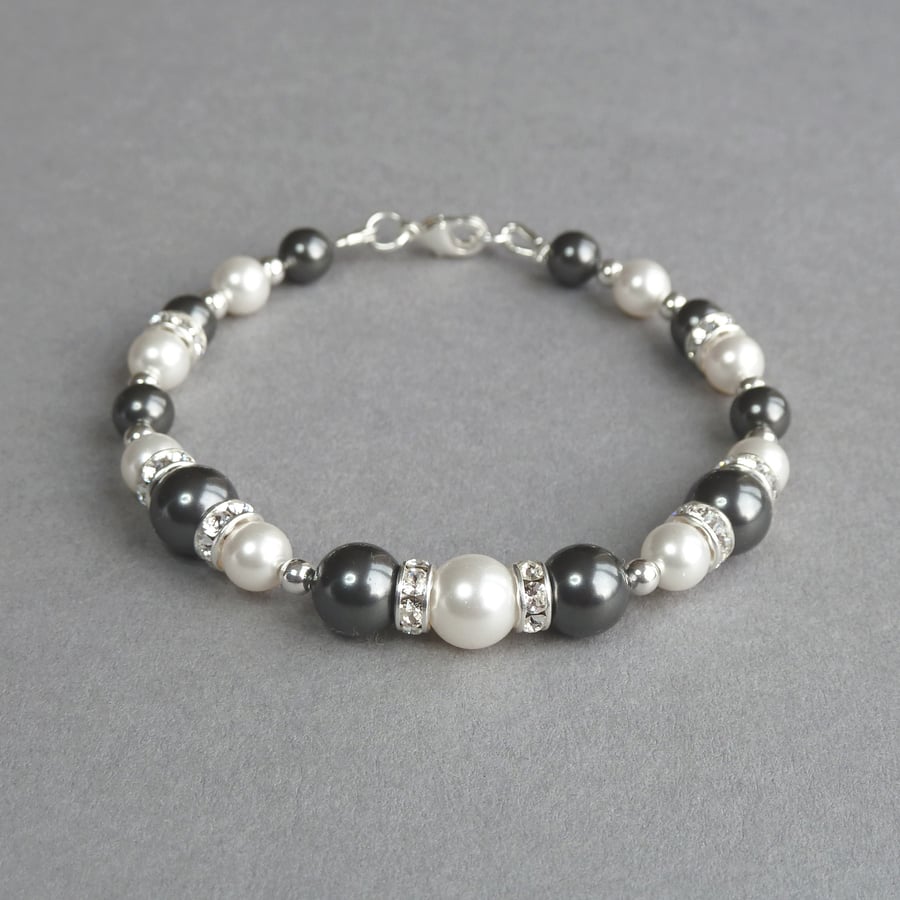 Dark Grey Pearl and Crystal Bracelet - Charcoal Grey Bridesmaids Jewellery