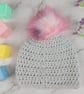 Grey Crochet Baby Hat, Newborn Beanie with Pink Faux Fur Pom Pom - Image 5