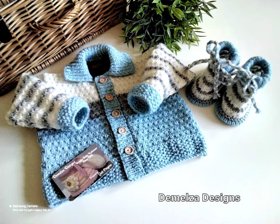 Designer Baby Boys Jacket & Booties with Merino Wool 3-9 months size