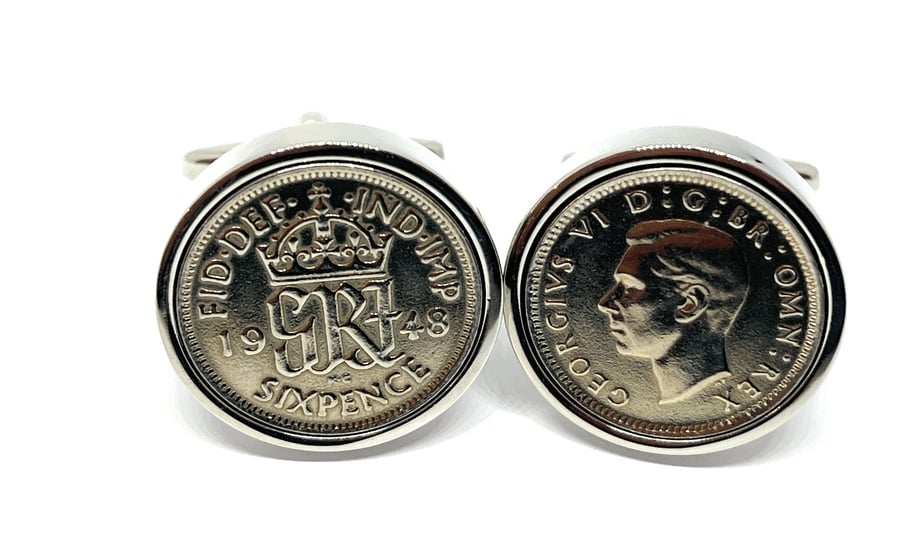 Luxury 1948 Sixpence Cufflinks for a 77th birthday. Original British sixpences 