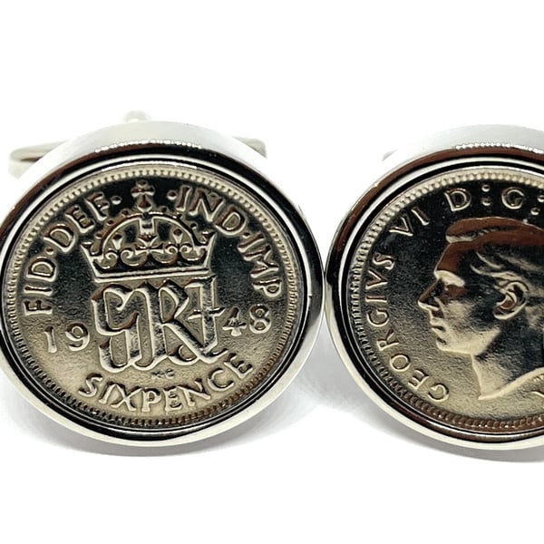Luxury 1948 Sixpence Cufflinks for a 75th birthday. Original British sixpences 