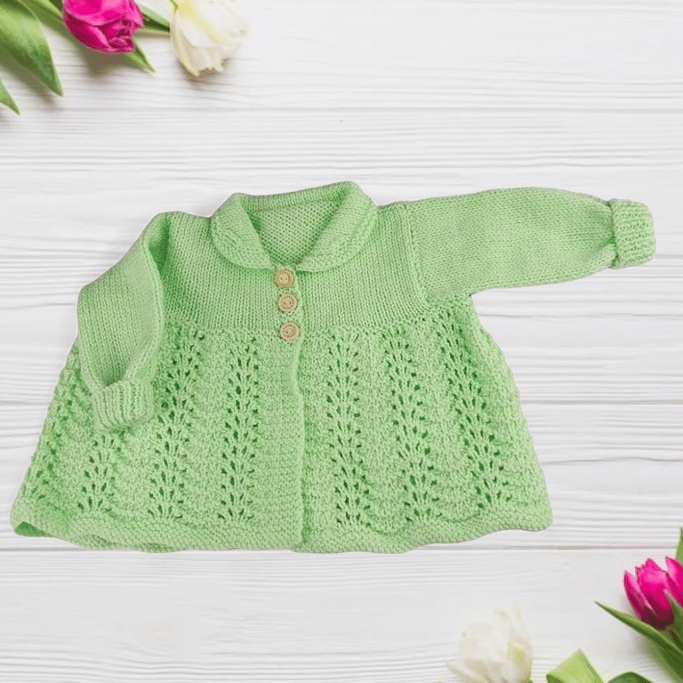 Collared Hand Knitted Baby Cardigan, Gender-Neutral, Light Green, Shower Gift
