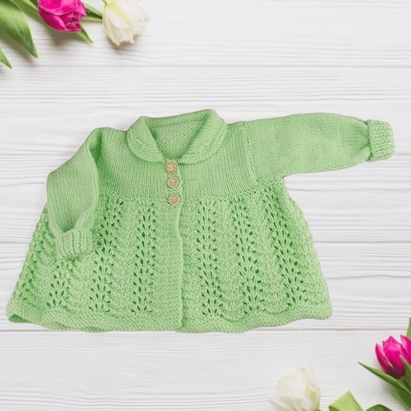 Collared Hand Knitted Baby Cardigan, Gender-Neutral, Light Green, Shower Gift