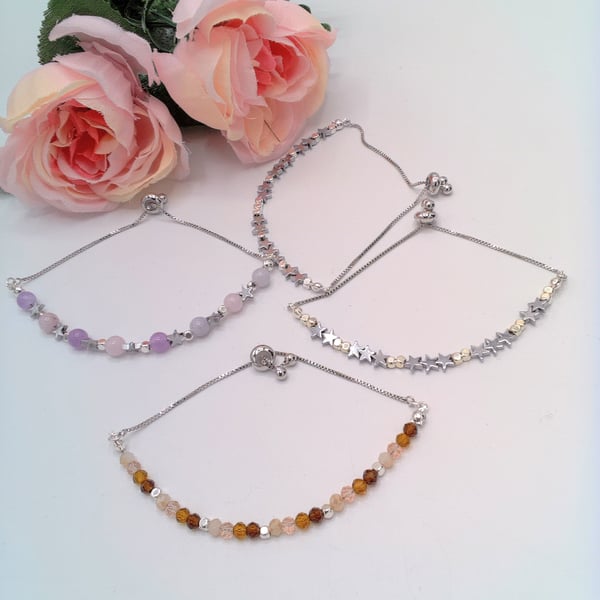 Silver Slider Bracelet, Star Bracelet, Crystal Bracelet, Morganite Bracelet