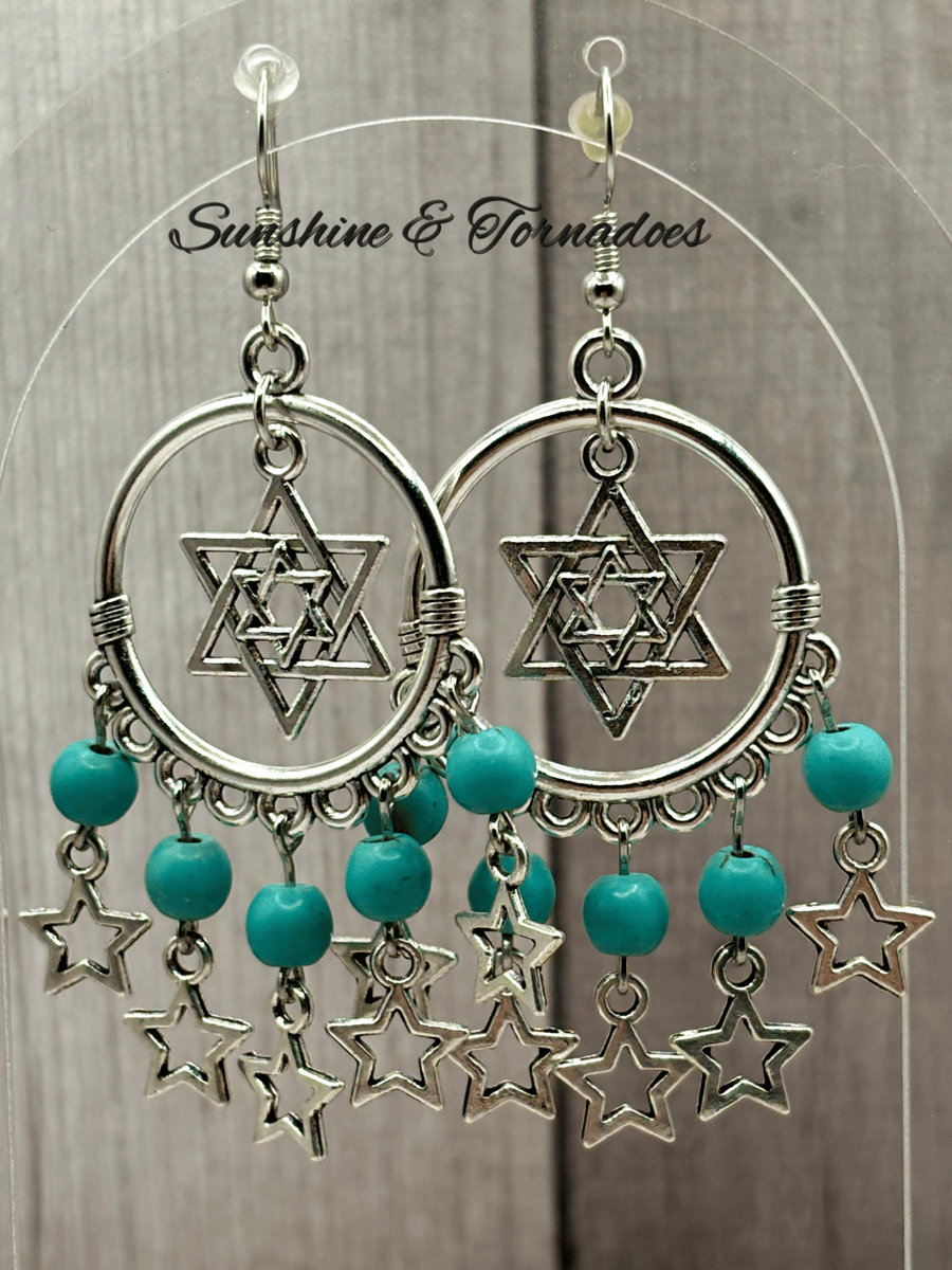 Blue Howlite Gemstone Drop Earrings with Silver Hoops and Stars - Handmade.