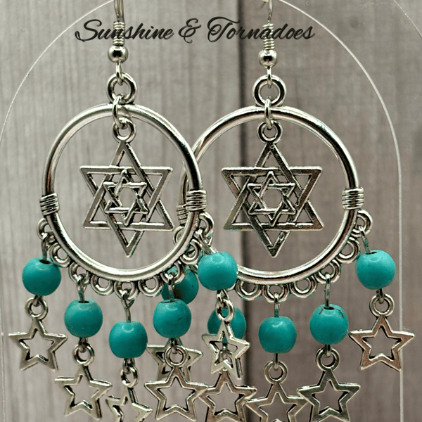 Blue Howlite Gemstone Drop Earrings with Silver Hoops and Stars - Handmade.