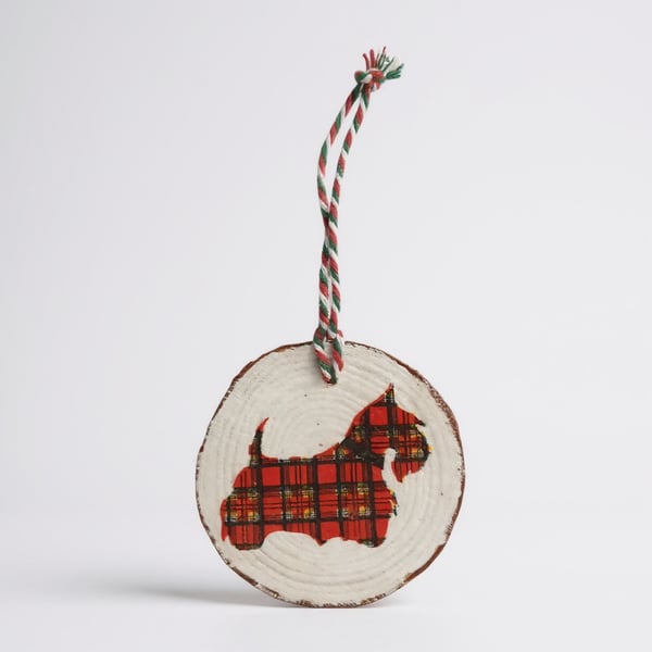 Red Tartan Scottie Dog Round Wooden Christmas Decoration Tree Ornament