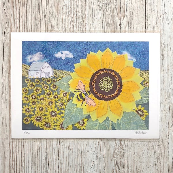 Sunflower and bumblebee limited edition giclee print A4 