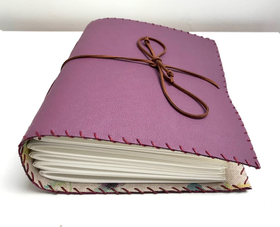 A5 Purple Leather Handmade Art  Journal watercolour paper floral fabric lining 