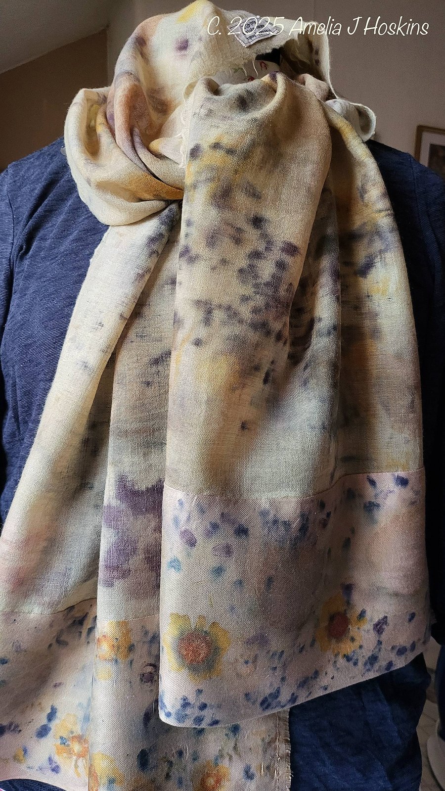 Eco Printed fine wool scarf leaves and Hopi sunflower Seeds