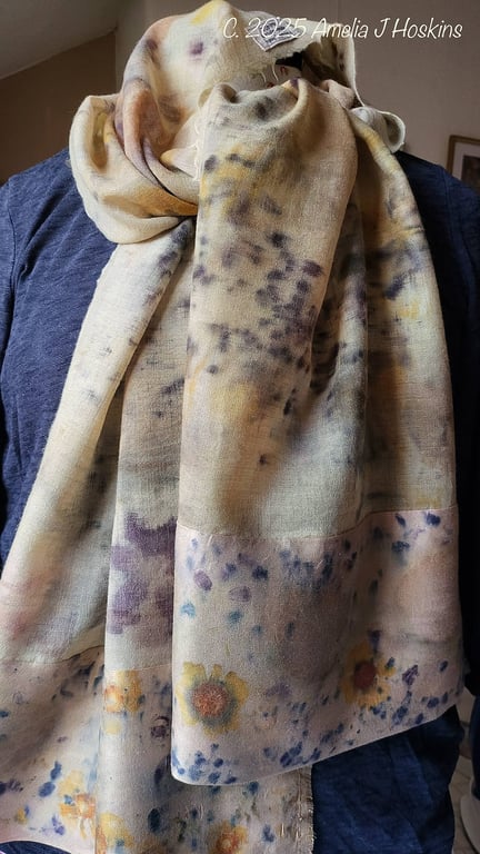 Eco Printed fine wool scarf leaves and Hopi sunflower Seeds