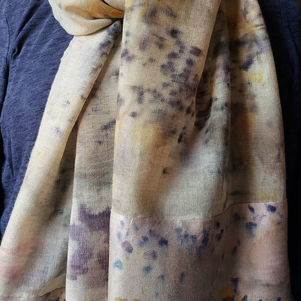 Eco Printed fine wool scarf leaves and Hopi sunflower Seeds