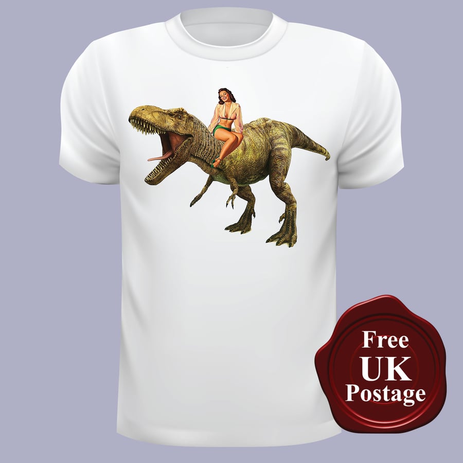 Pin up Girl on a Dinosaur T Shirt, Mens T Shirt, Choose Your Size