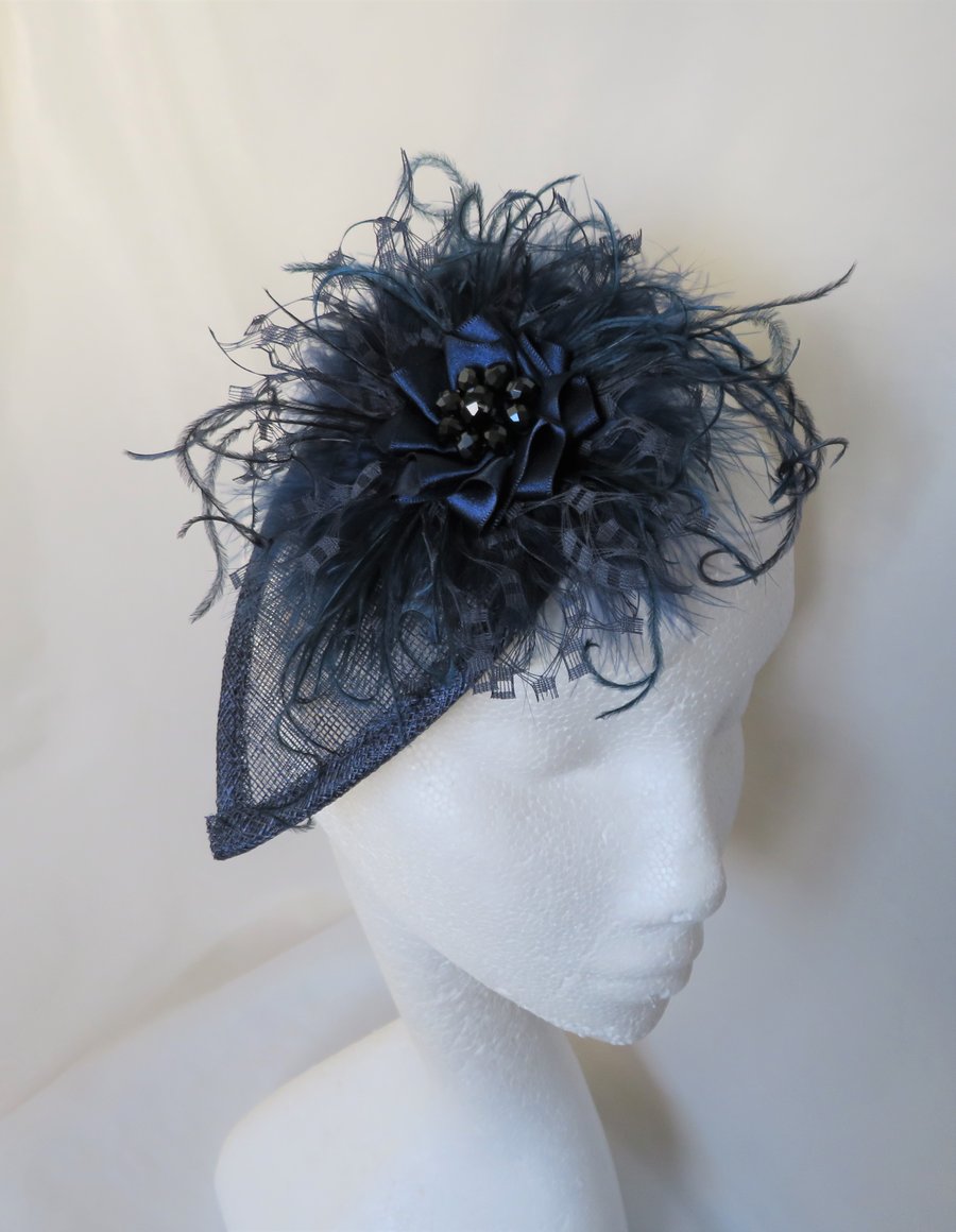 Navy Blue Vintage Style Feather Veil & Crystal Fascinator