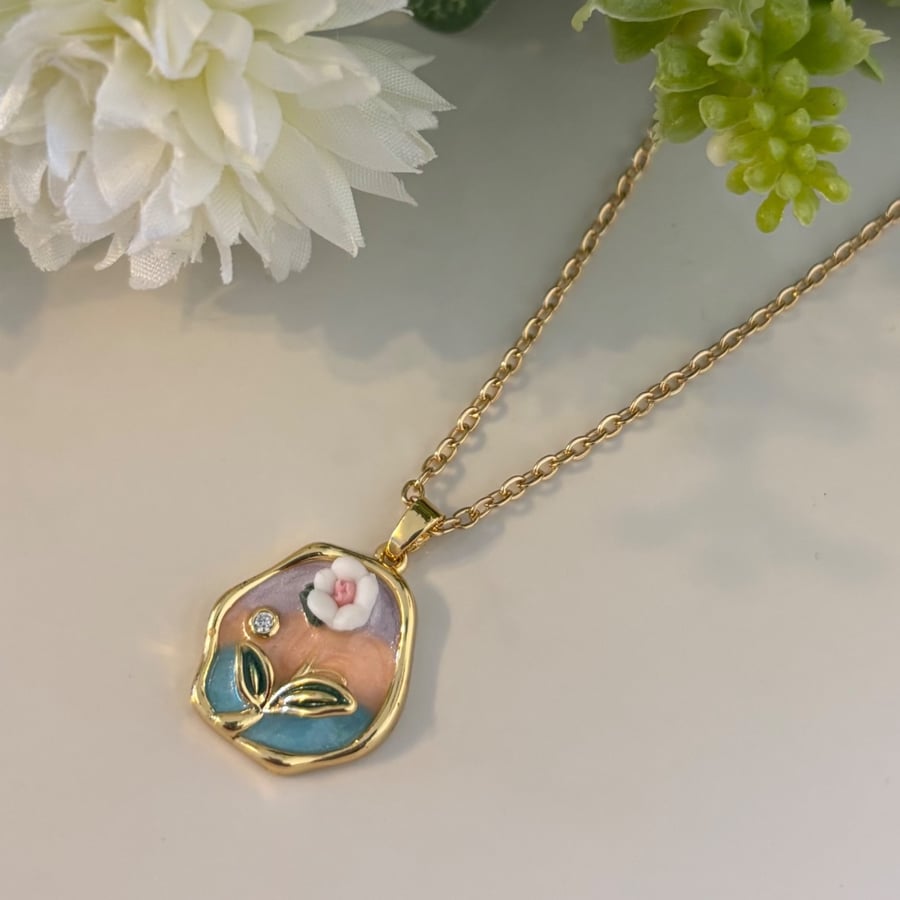 Pastel Floral Necklace, Charm Pendant, Handmade Jewellery 